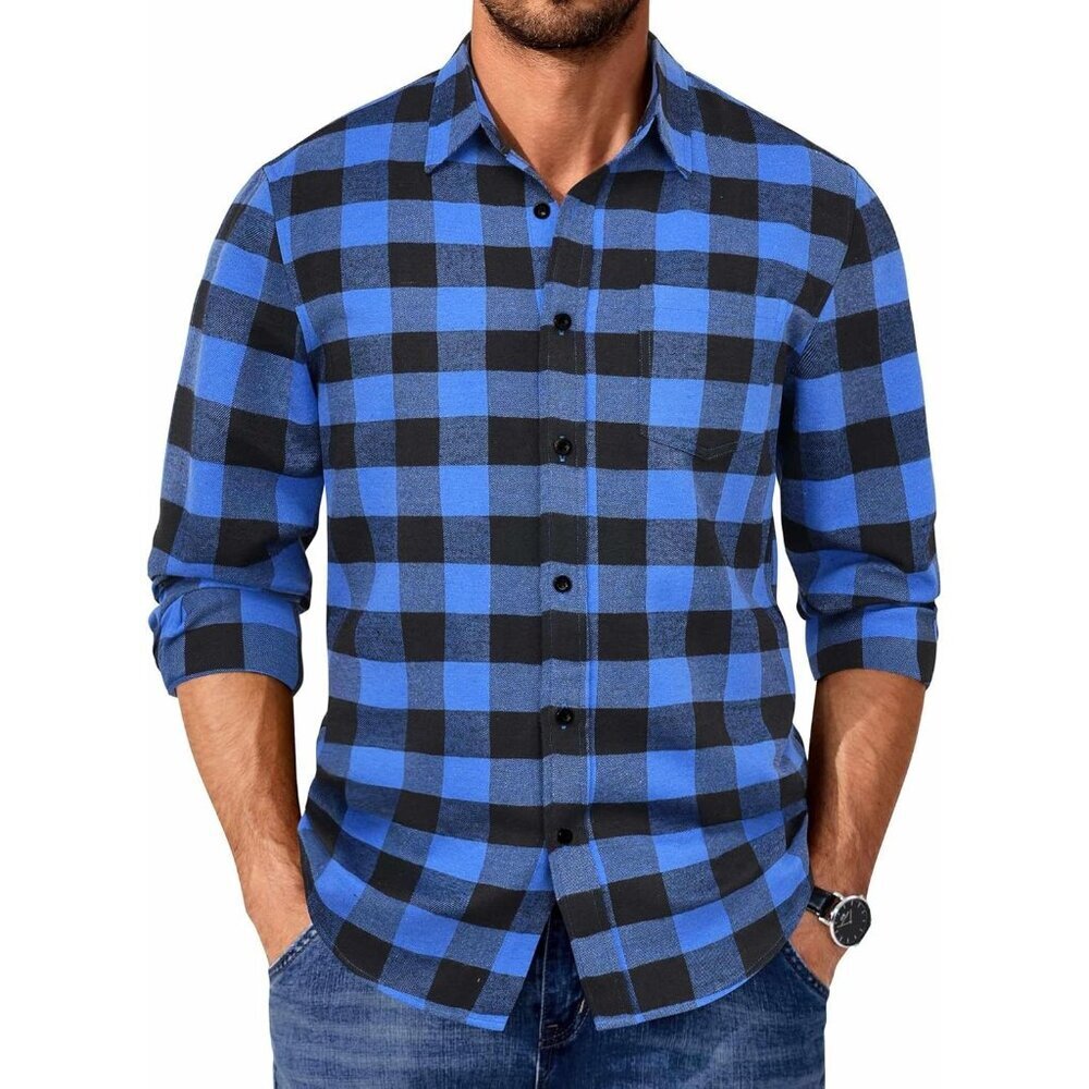 Buffalo Black Blue Men Flannel  Long Sleeve Plaid  Button Up Shirt Jacket